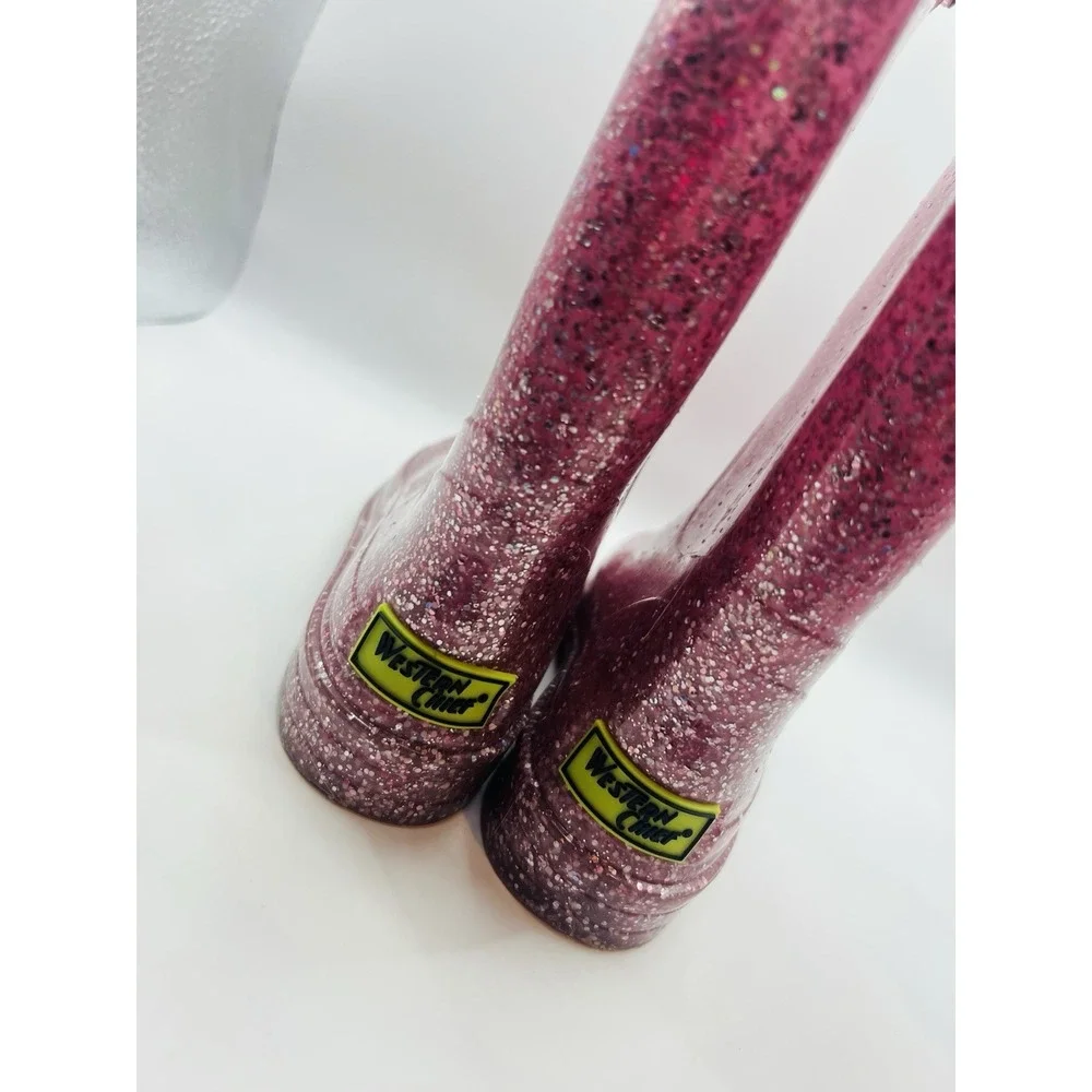 Western Chief Abby Pink Glitter Rain Boots Waterproof Pull On Kids US 11 Sparkle